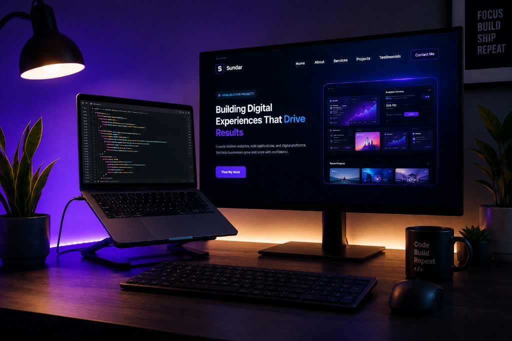Developer workspace with monitor, laptop, and purple ambient lighting